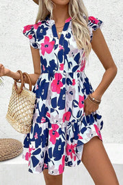 Fashion Floral Print Notched Neck Flutter Sleeve Mini Dress - Fashion Queen -  1